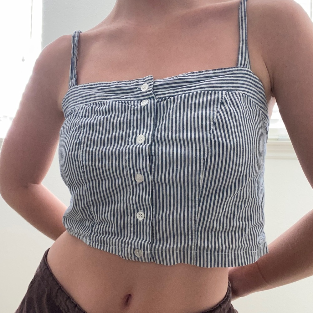 blue and white striped crop top